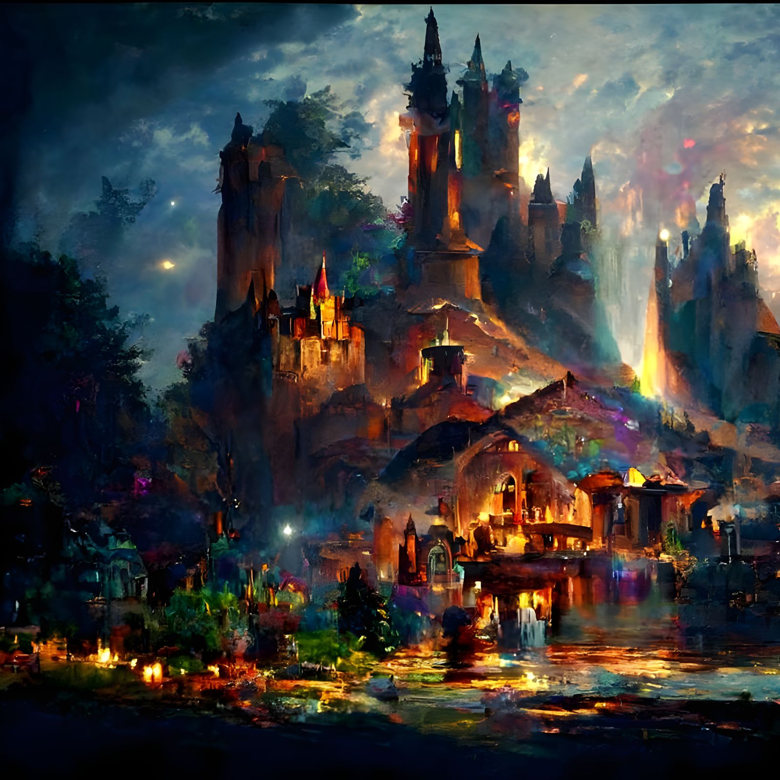 Magical Medieval Kingdom at Night in Oil Painting