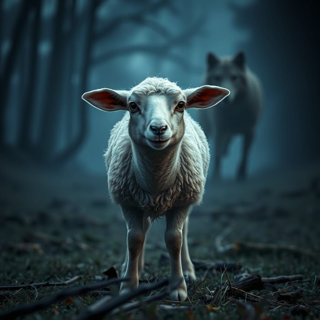 Terrified Lamb in Misty Forest Clearing