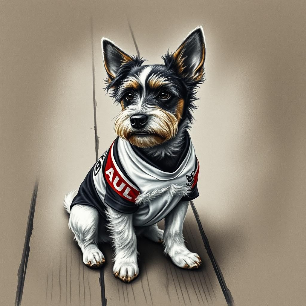 A jack russell terrier wearing a nrl penrith panthers jersey