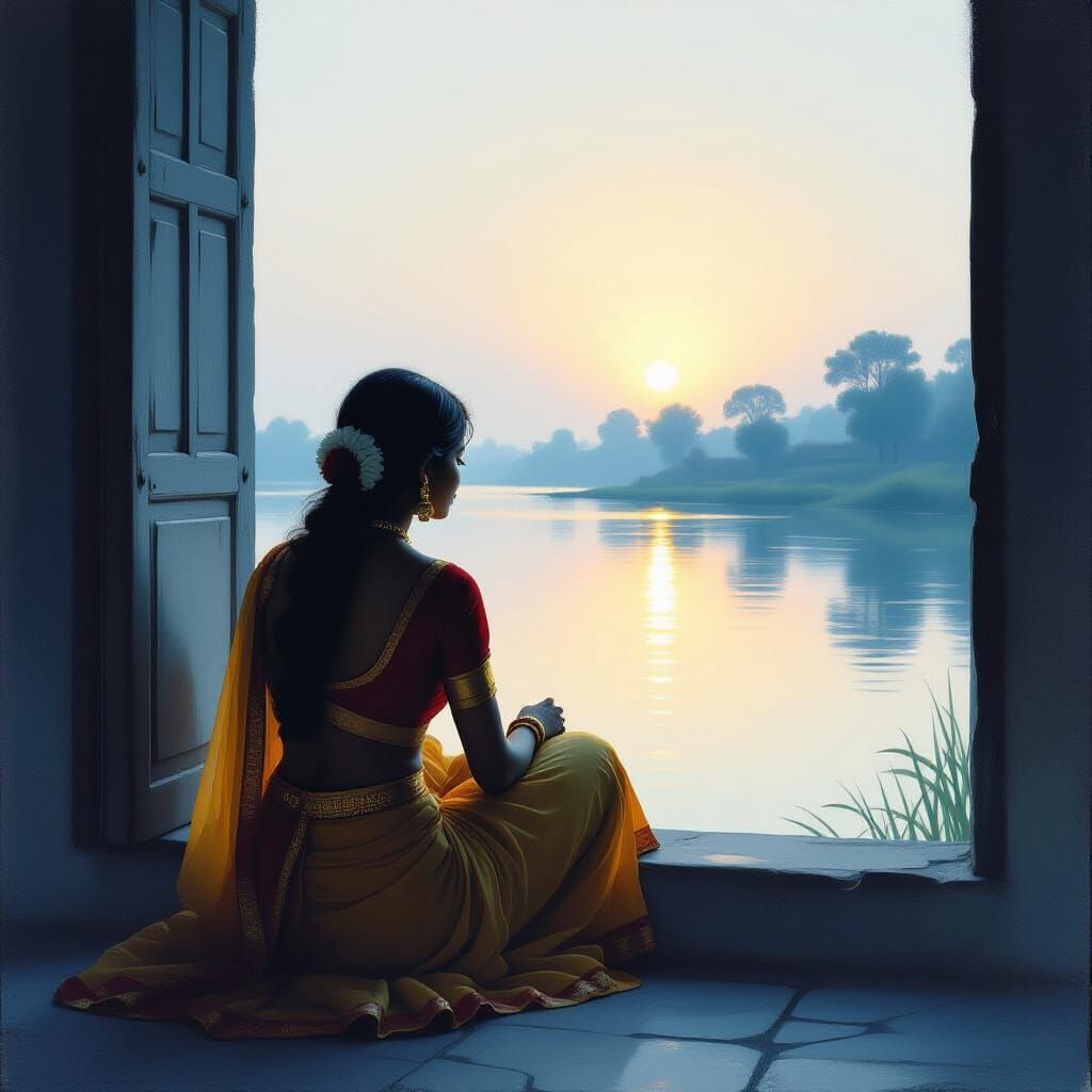 Gopi Gazes at Yamuna River in Painterly Style