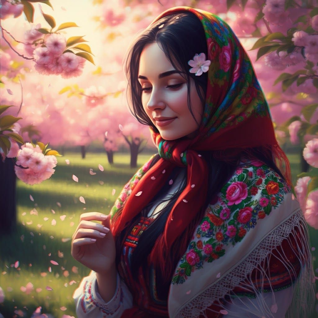 Woman in Folk Attire Amid Cherry Blossoms
