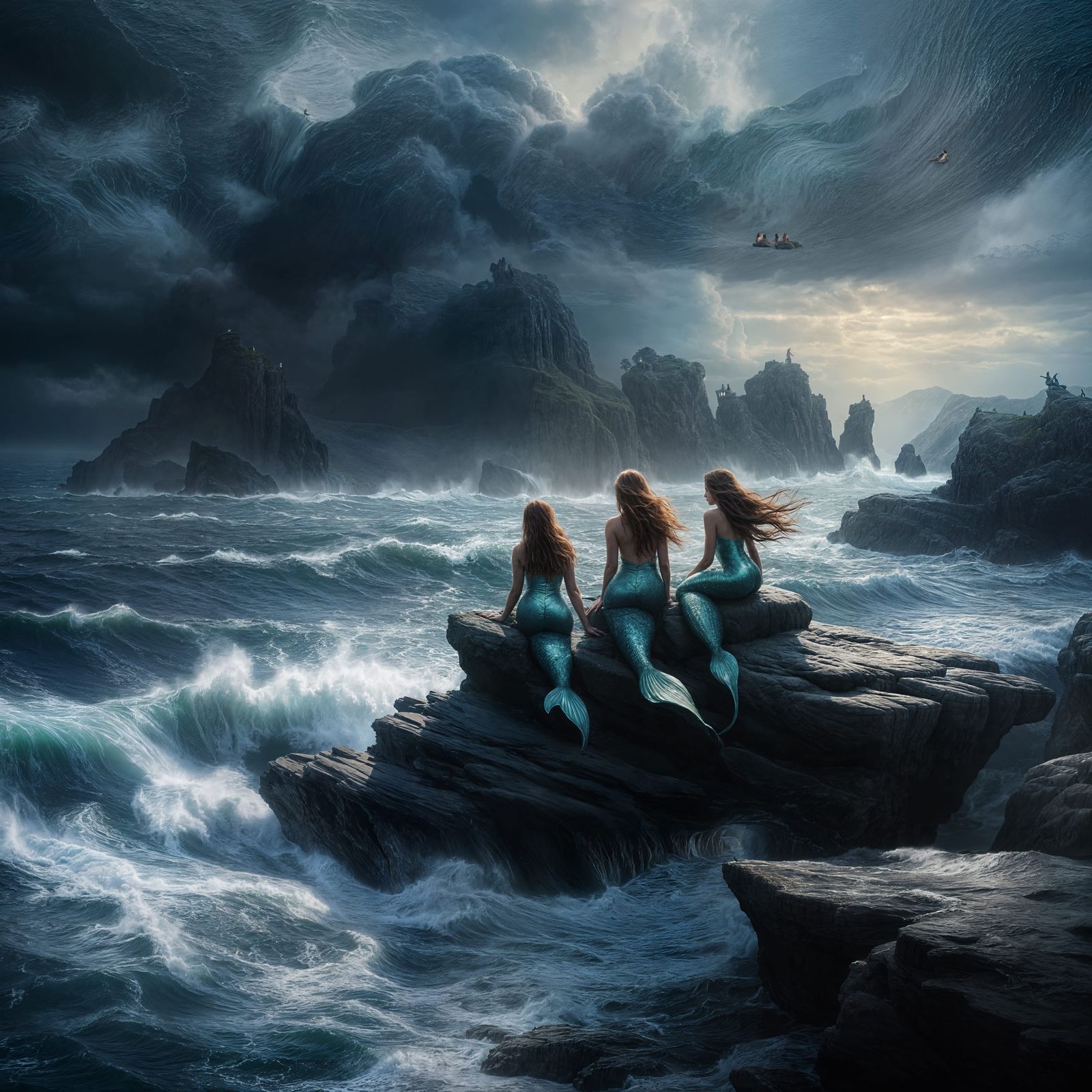 Mermaids Riding Stormy Waves in a Coastal Landscape