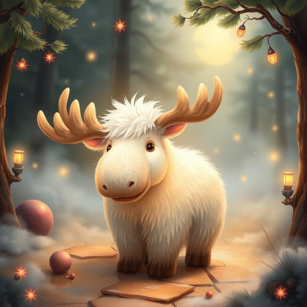 Whimsical Moose-Ferret Hybrid in Serene Fantasy Landscape