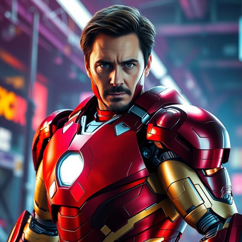 Iron Man in Red and Gold Armor, Hyperrealistic Rendering