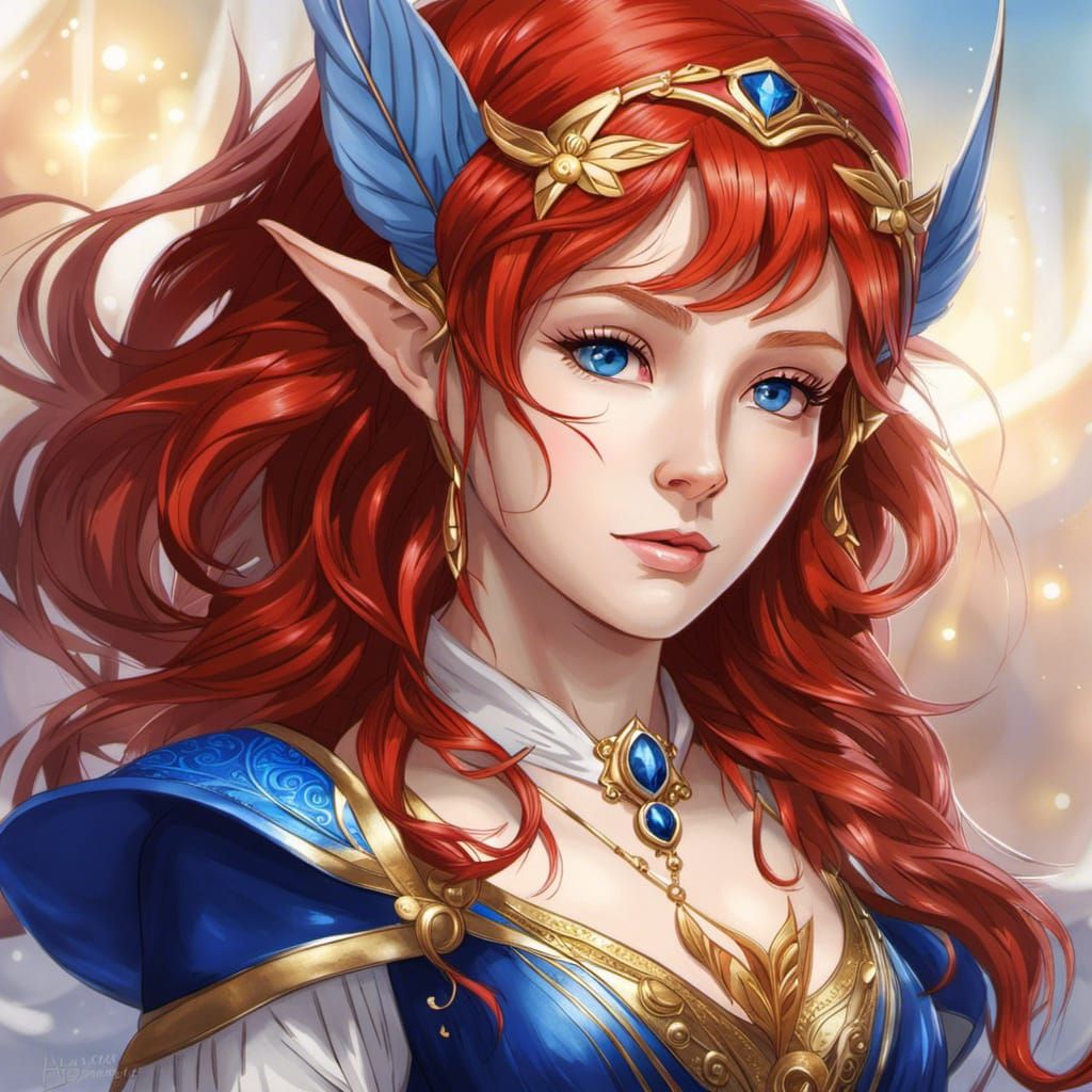Anime Elf Woman Portrait in White and Gold