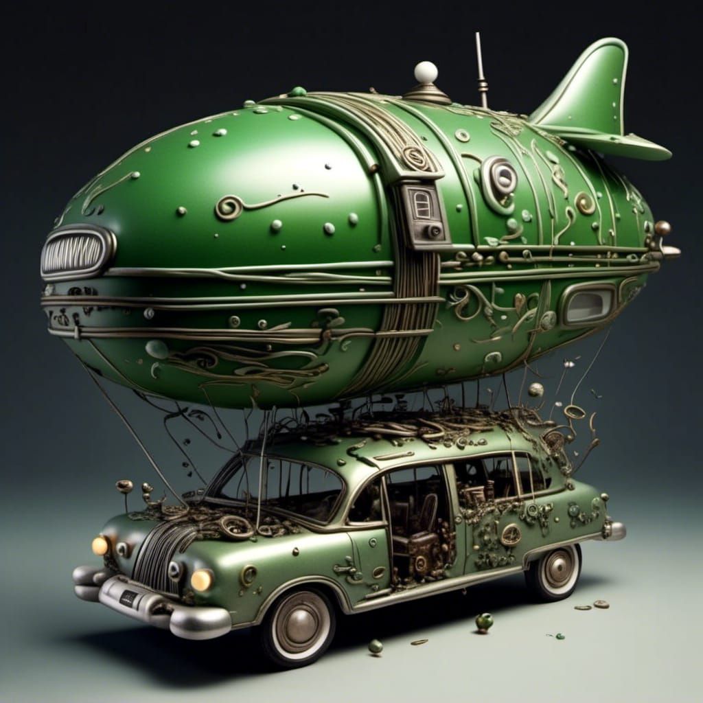 Steampunk Scrap Metal Airship with Green Balloons