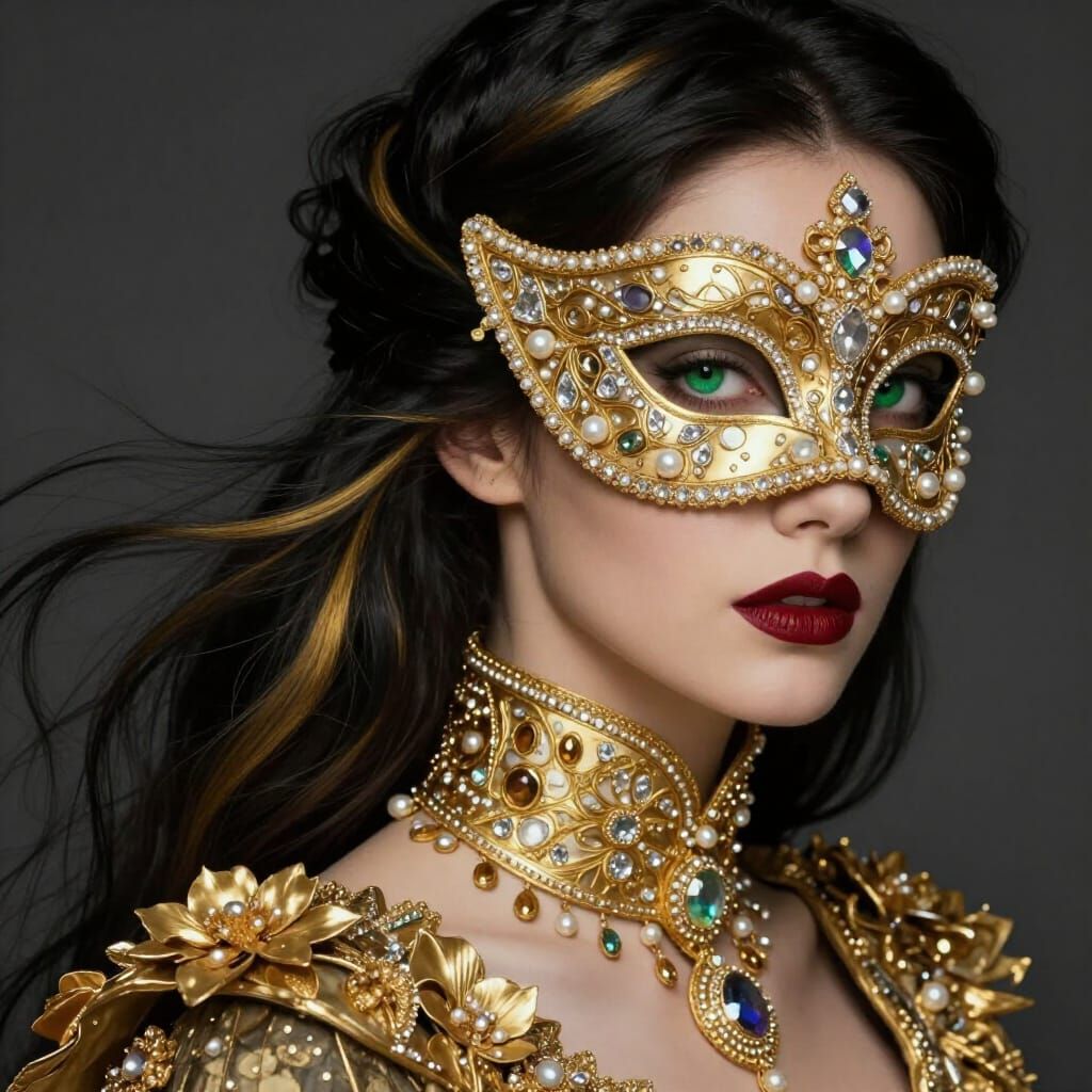 Elegant Woman in Golden Filigree Mask, Digital Painting