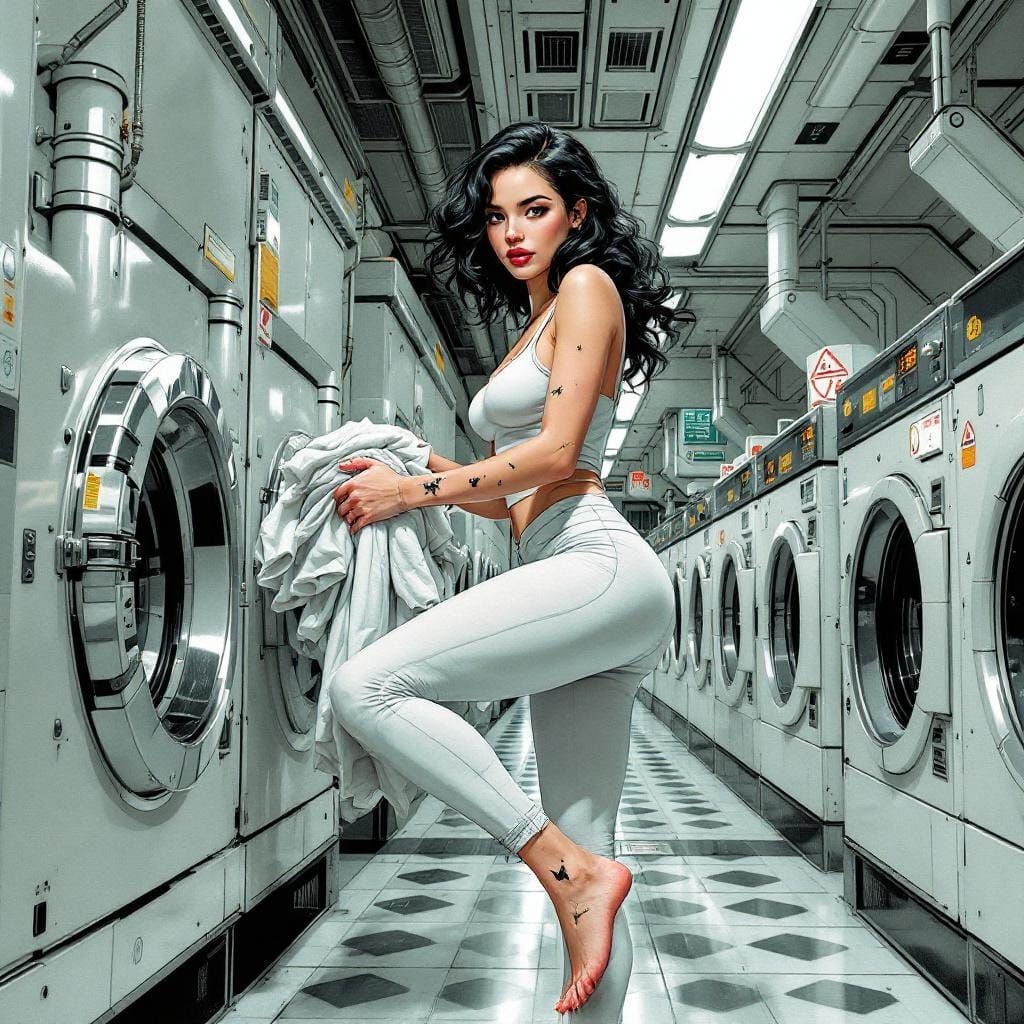 Space Laundromat: Woman in a Modern Comic Style