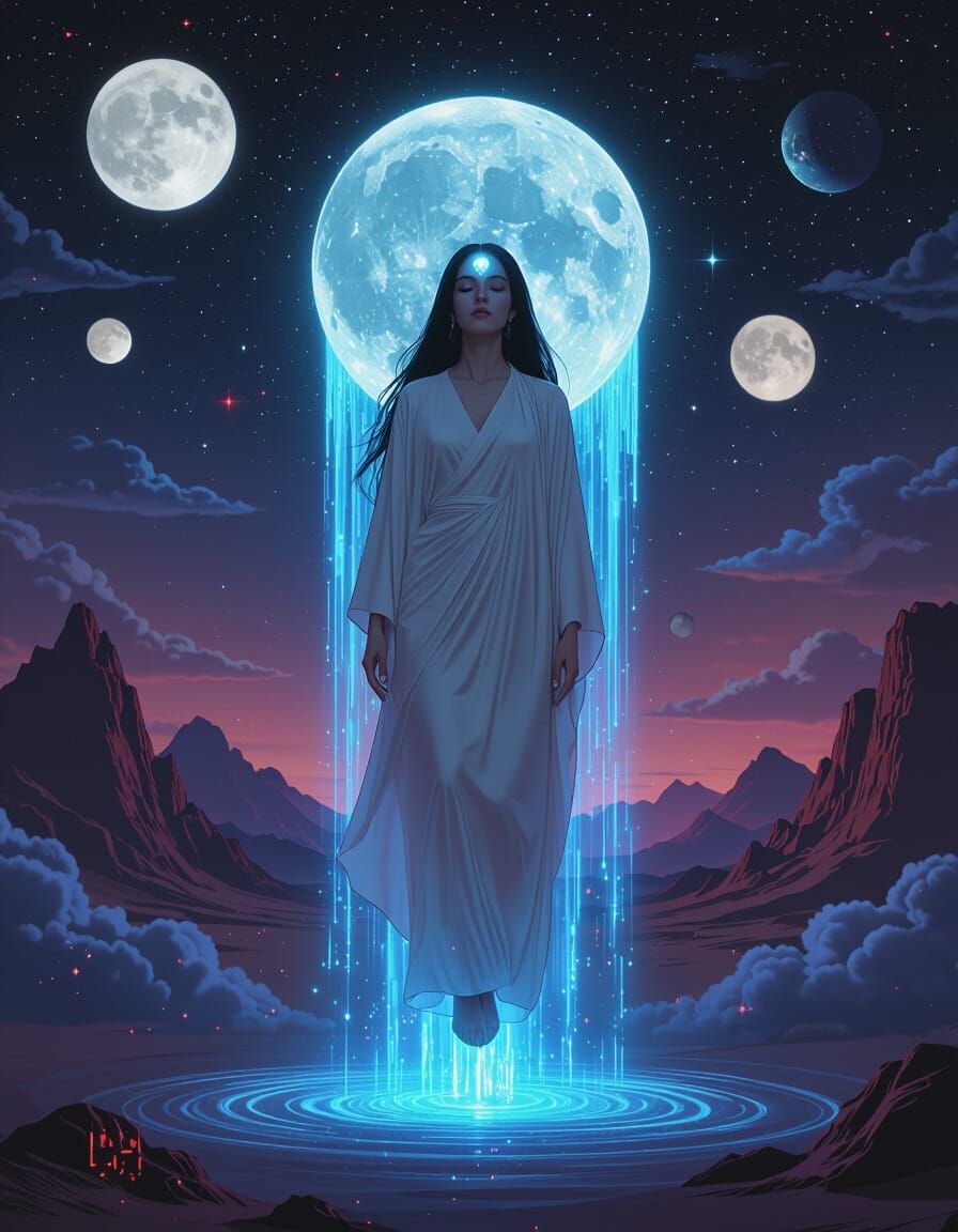 Serene Woman Floating in Dreamlike Cyberpunk Void