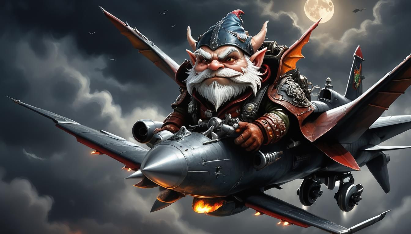 A gnome piloting a unique fighter jet