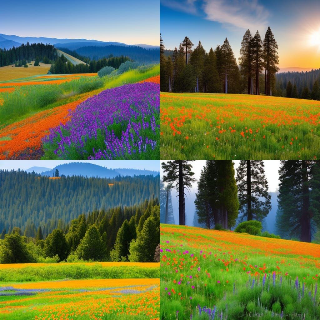 California Meadow Watercolor with Poppies and Lupine