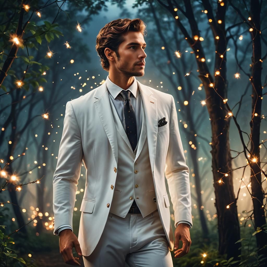 Ethereal Man in White Suit Under Moonlight