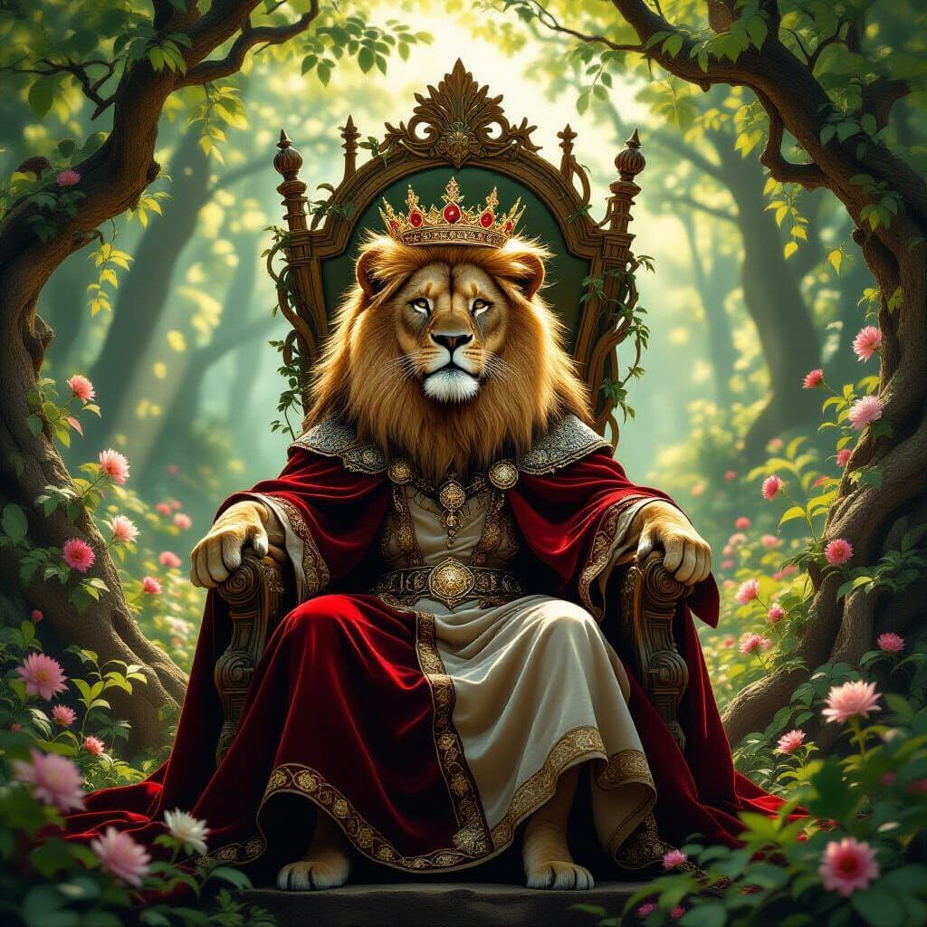 Lion King on Floral Throne in Art Nouveau Style