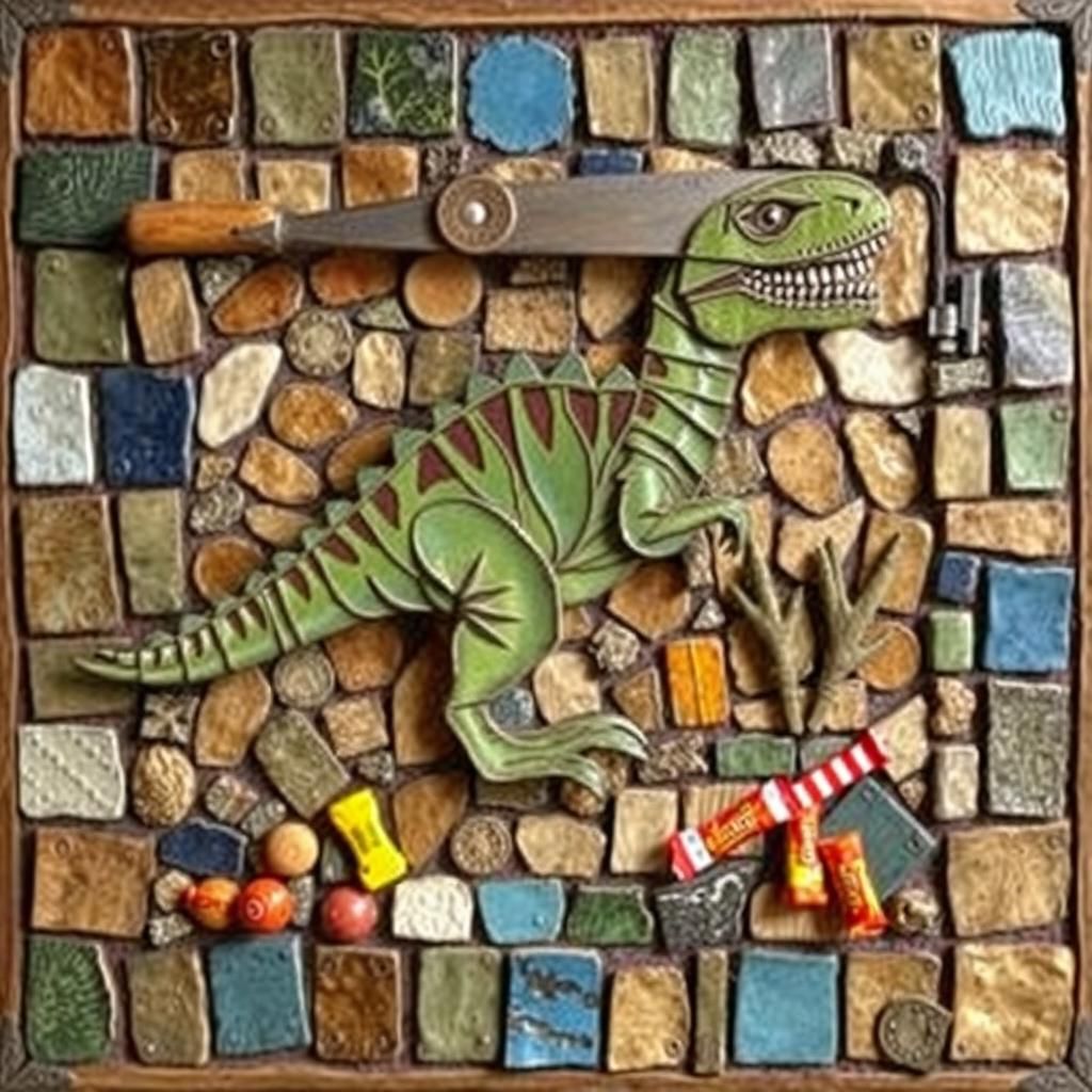 T-Rex Mosaic with Vintage Saw and Candy