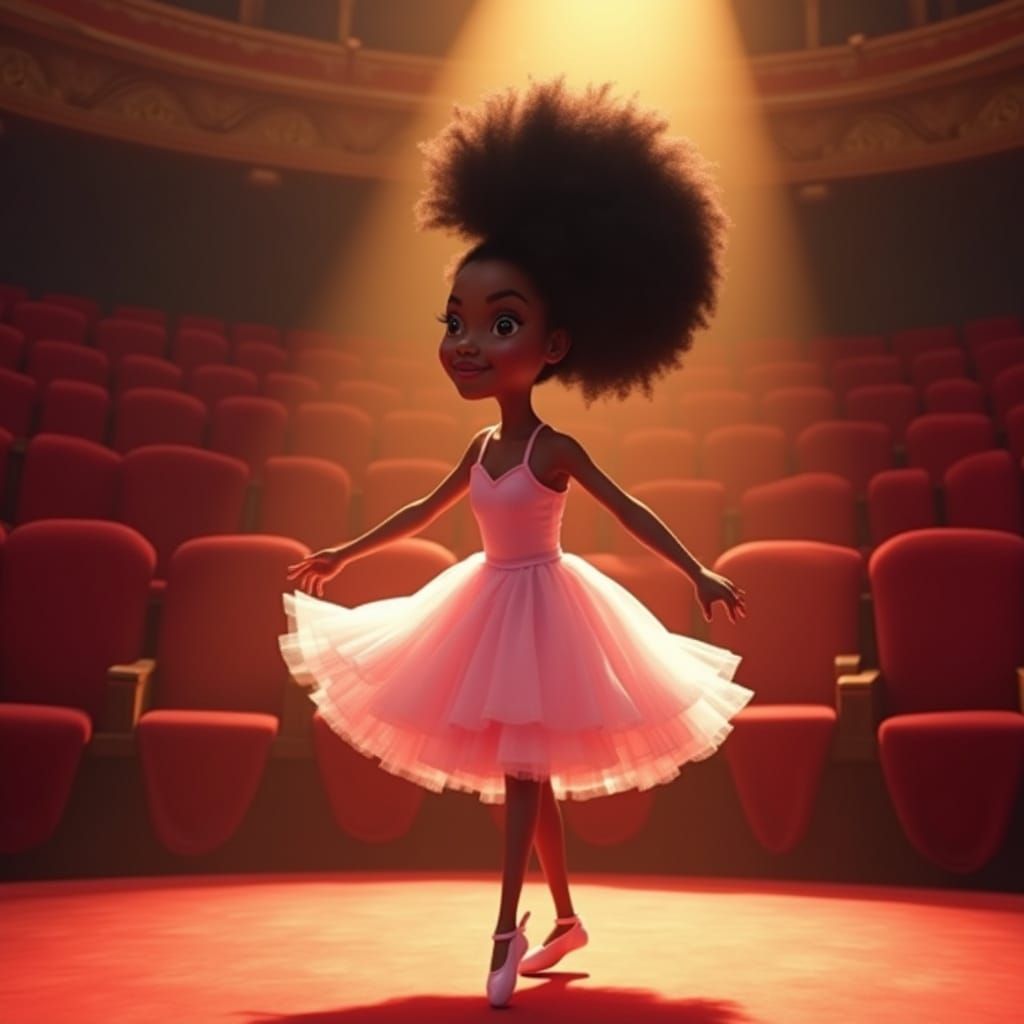Curvy Girl in Pink Dress on Stage, Pixar Style