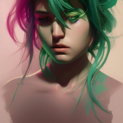 Green Hair Pink Eyes Portrait in Art Nouveau Style