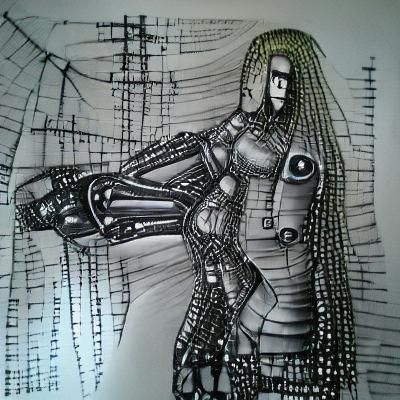 Gothic Pen and Ink Cybernetic Android Drawing