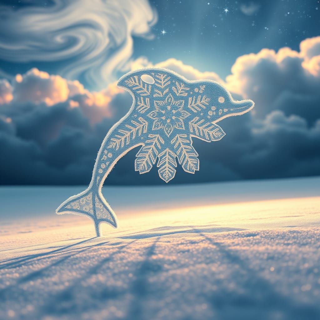 Dolphin Snowflake on Snowy Bed, Digital Matte Painting