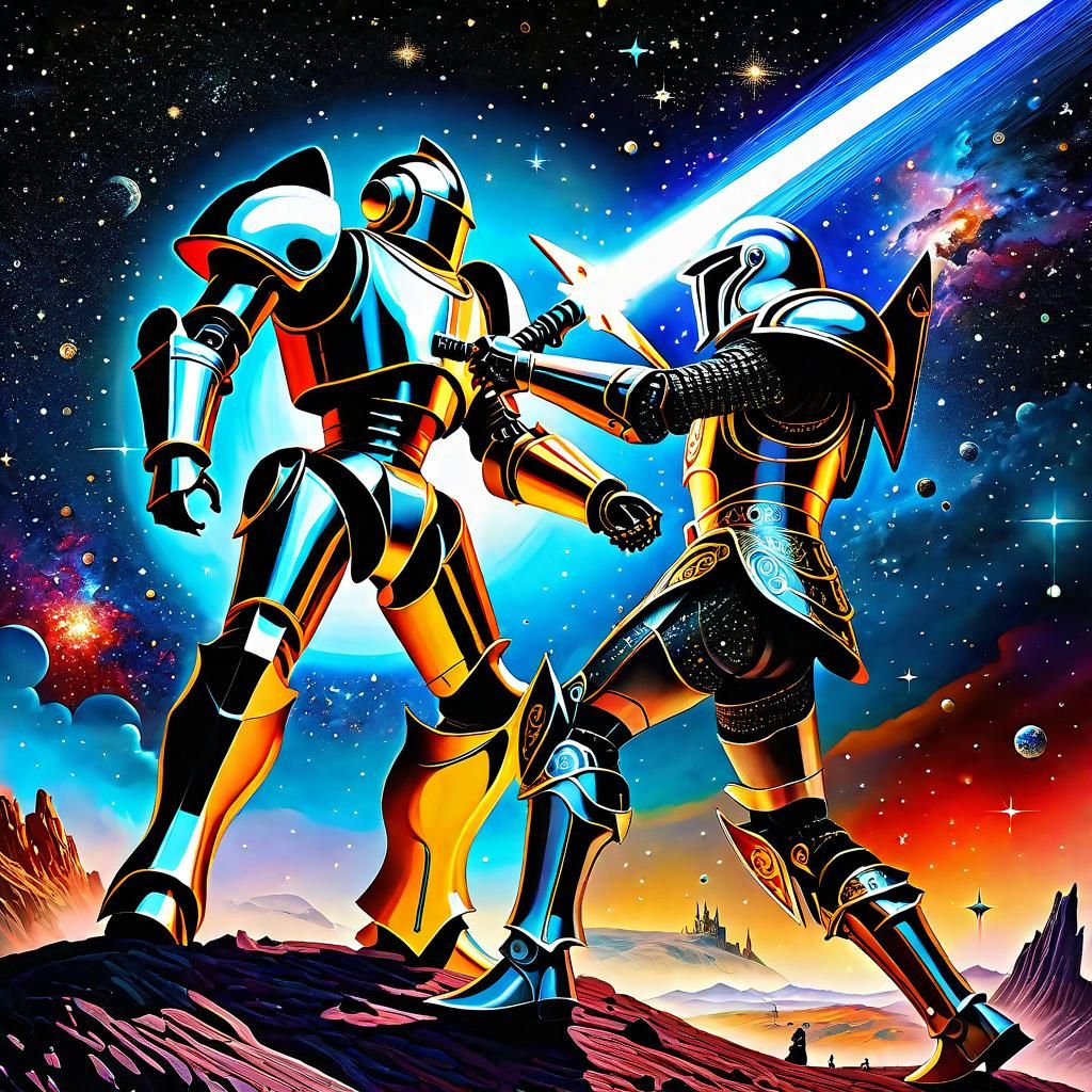Medieval knight fighting a futuristic robot with a laser sword