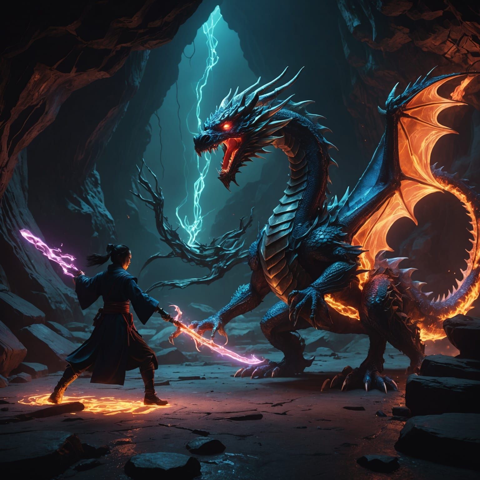Wuxia Mage Battles Light Dragon in Neon Cave