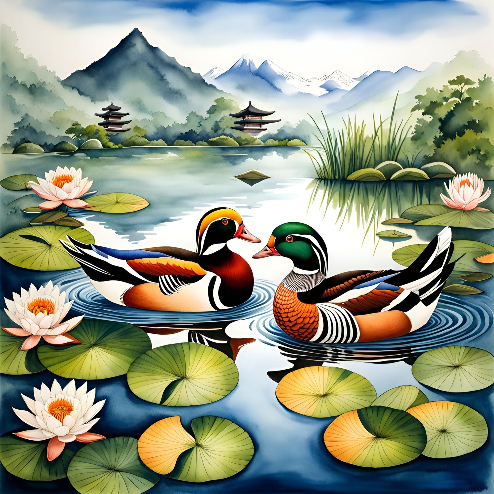 Mandarin Ducks in Japanese Pond: Watercolor Painting