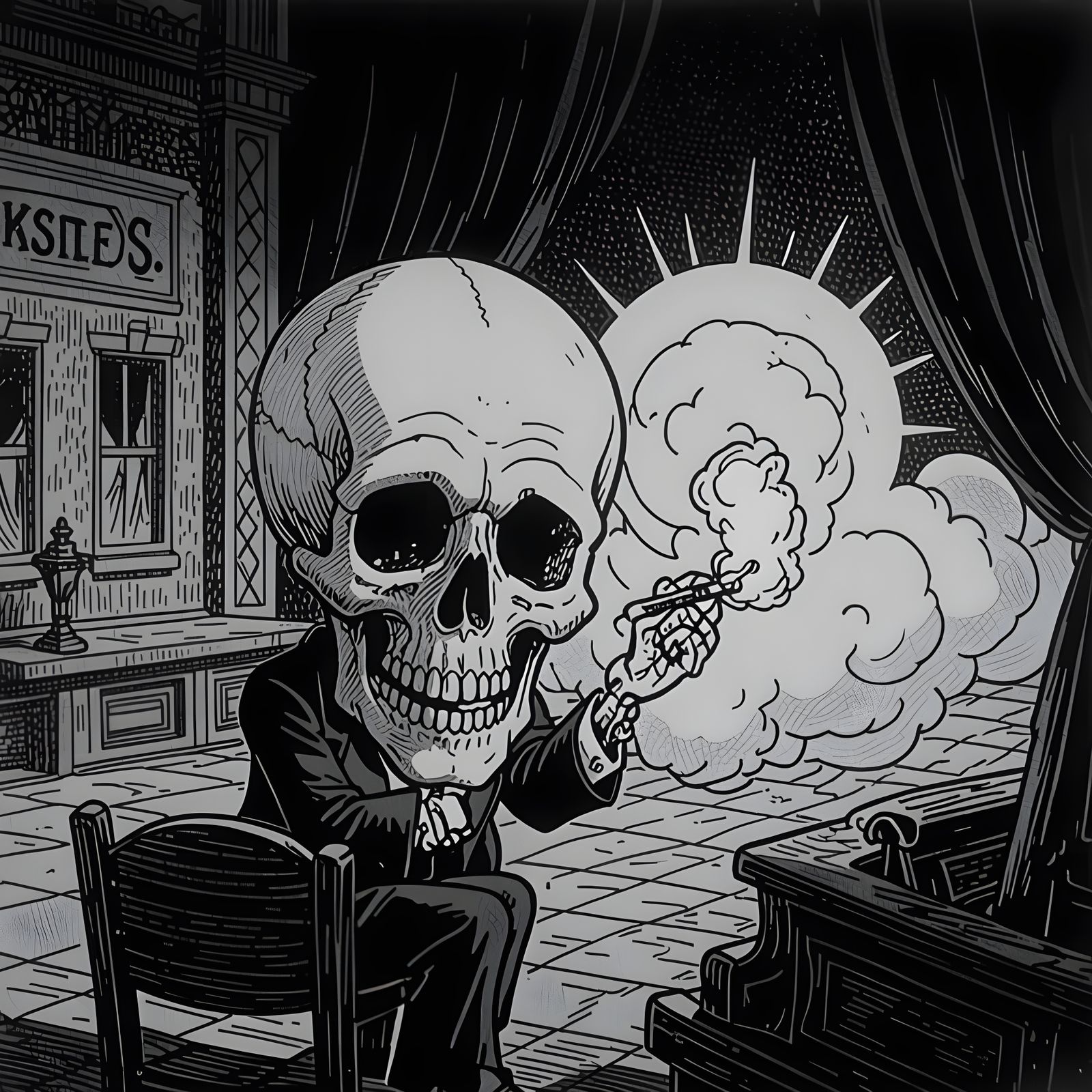 Grotesque Cartoon Skull in Pen and Ink Style