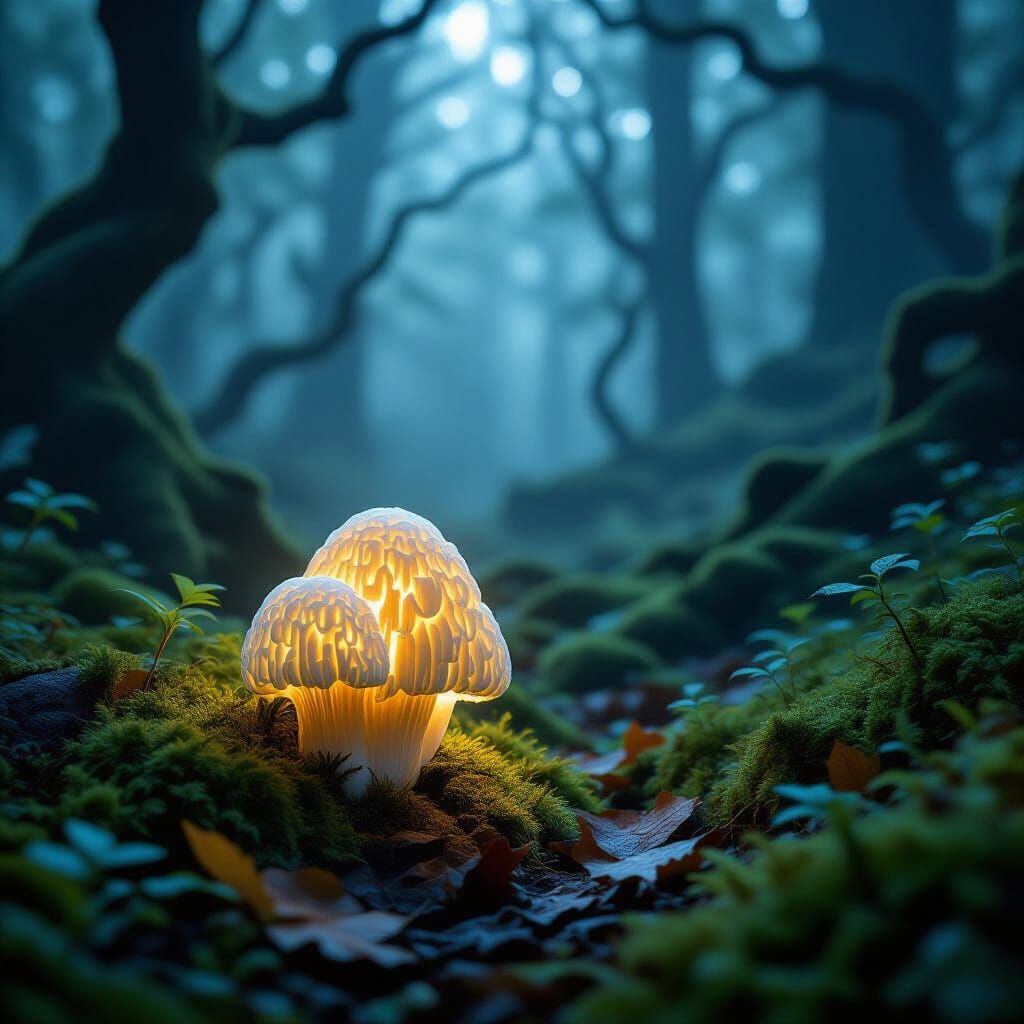 Bioluminescent Morel Mushroom in Misty Forest, Hyperrealisti...