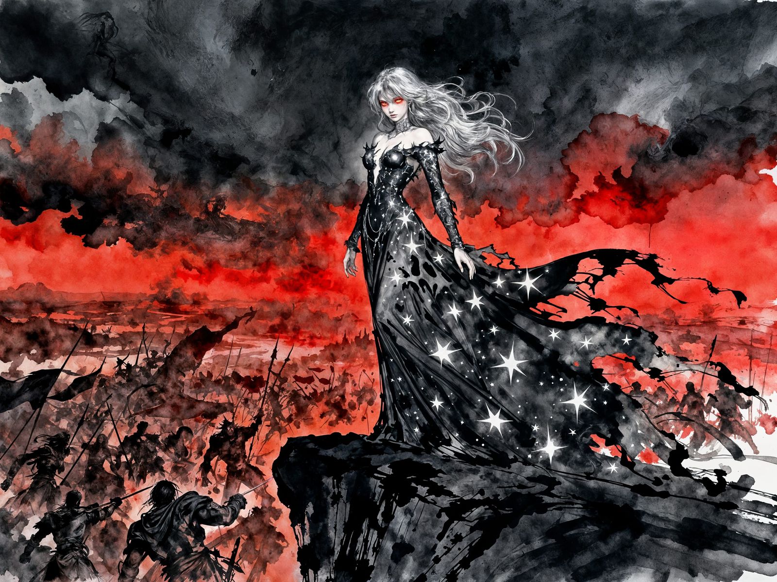 Glamorous Sorceress Over Epic Battlefield