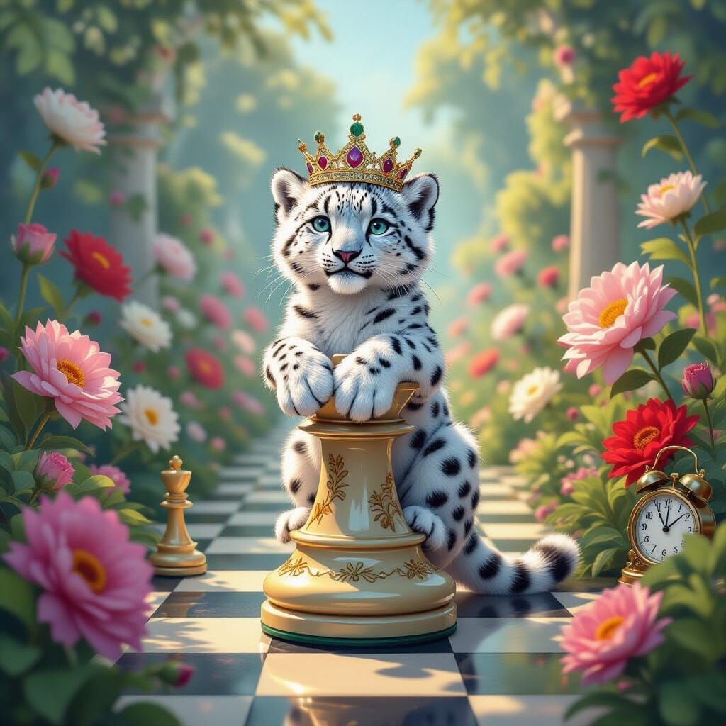 Surreal Snow Leopard King in Dream Garden