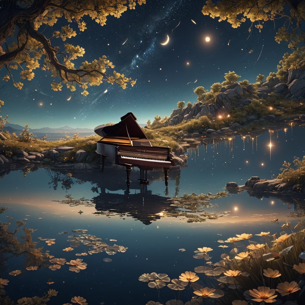 Starry Night Reflections: Piano Notes in Water
