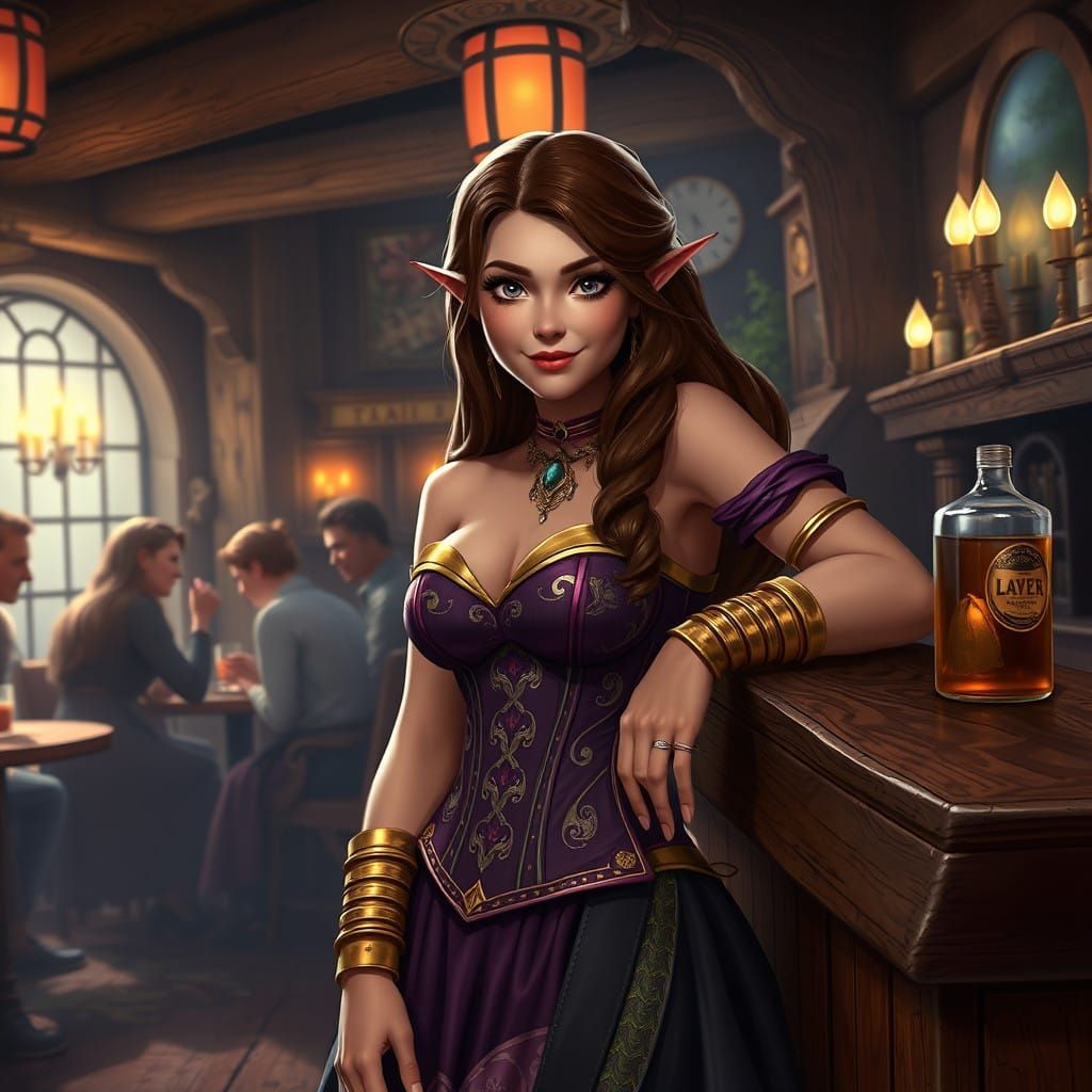 Enchanting Tavern Elf Barmaid in Elegant Fantasy Attire