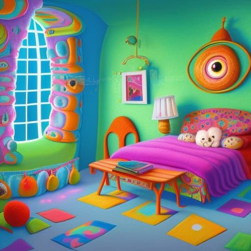 Adorable Monster in Bedroom, Vivid 3D Digital Art