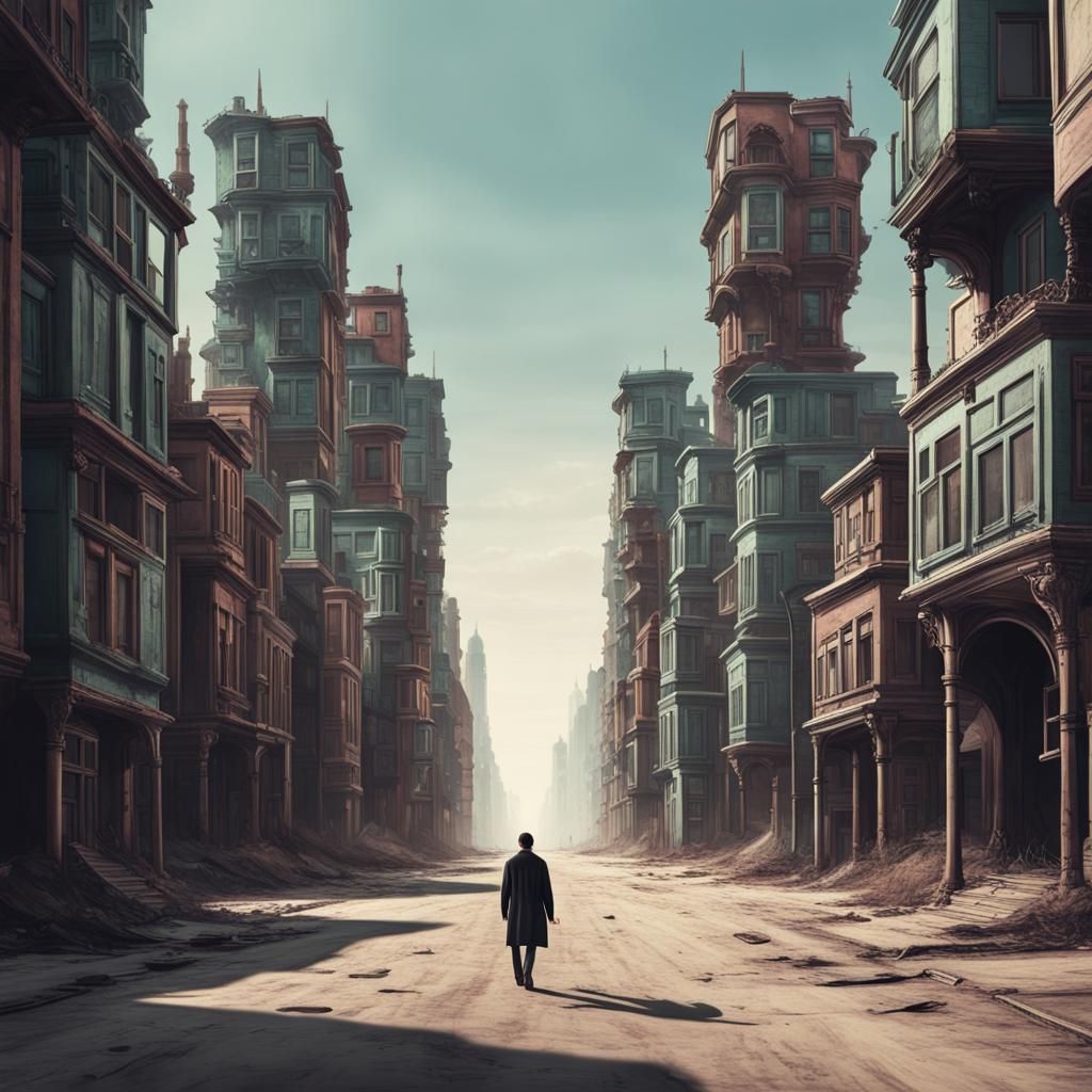 Surreal Dreamscape: Man Walking in Altered Neighborhood
