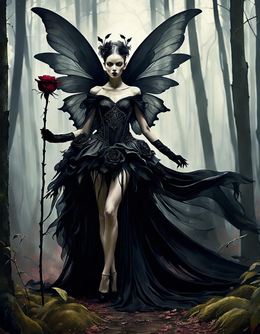 Dramatic Dark Fairy with Black Roses and Silk