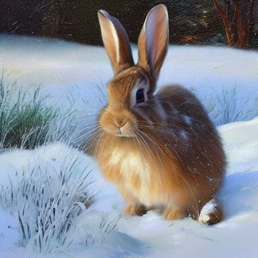 Fluffy Rabbit in Snowy Landscape Oil Painting