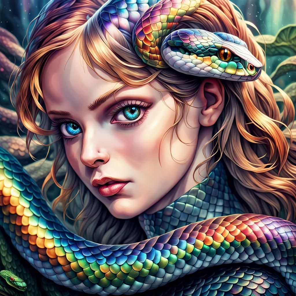 Majestic Rainbow Serpent Portrait in Poster Art Style