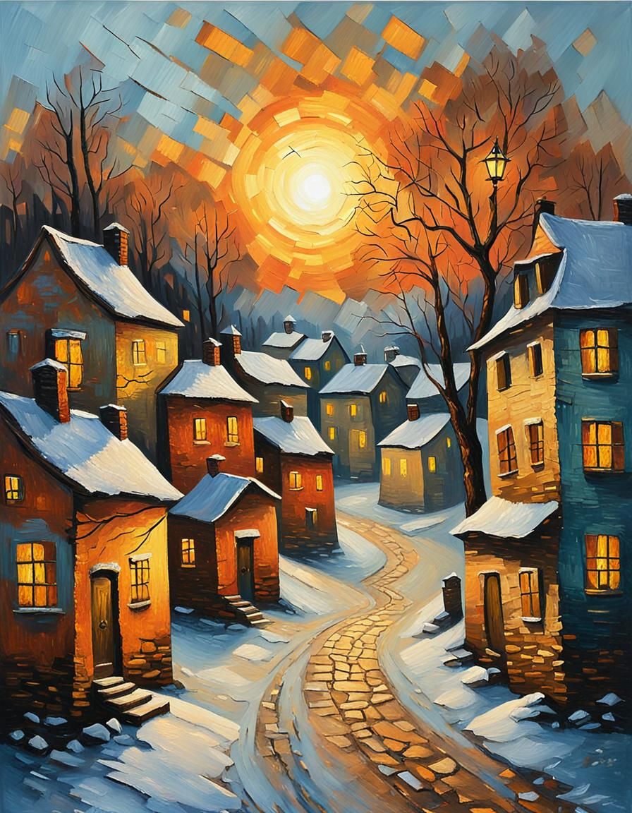 Winter Village Sunset: An Impressionist Acrylic Painting