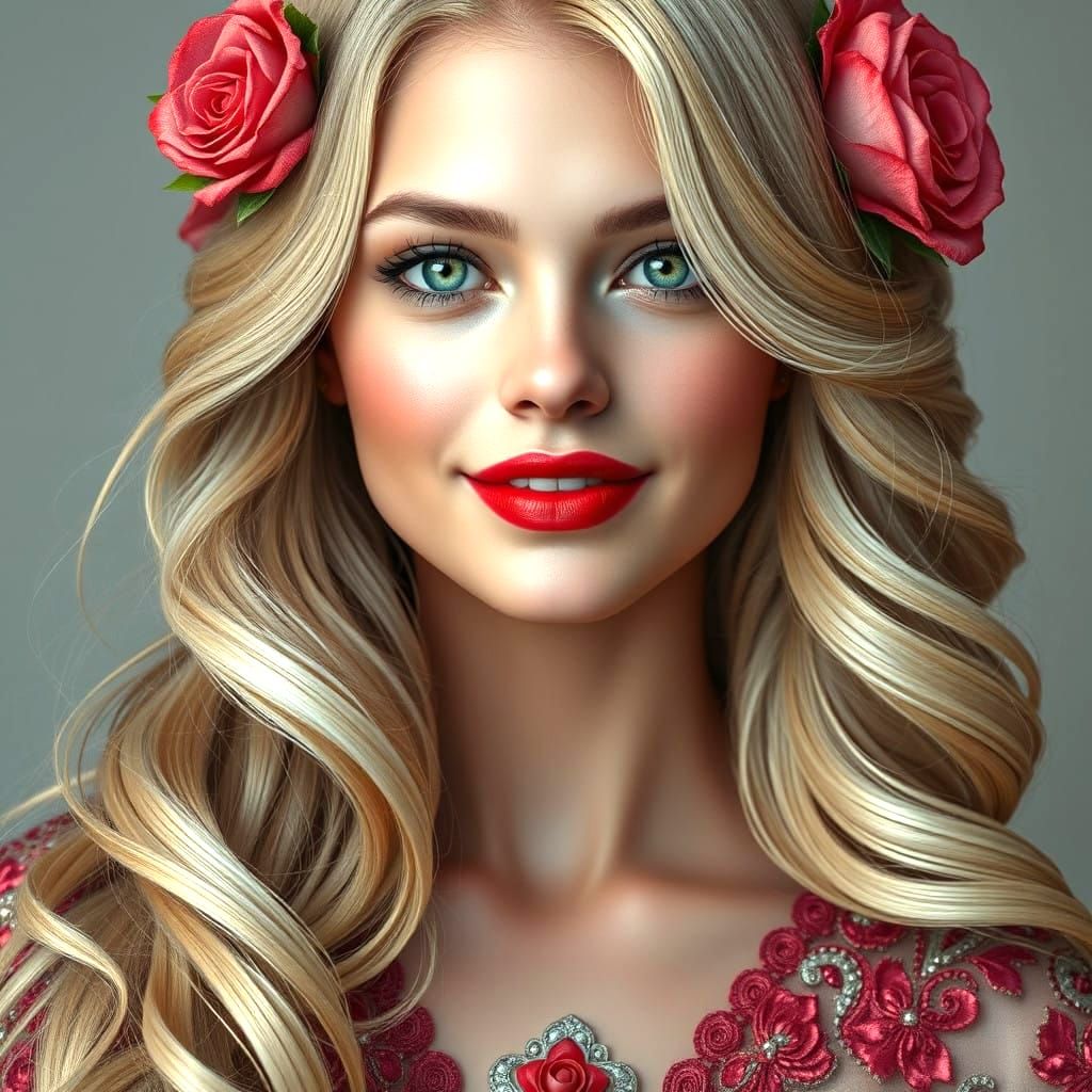Surreal Hyperreal Portrait of a Blonde Woman in a Rose-Crown...