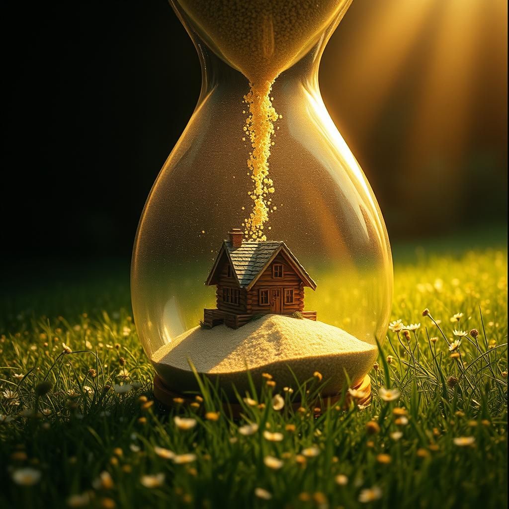 Rustic House Disintegrating in Hourglass: Cinematic Still