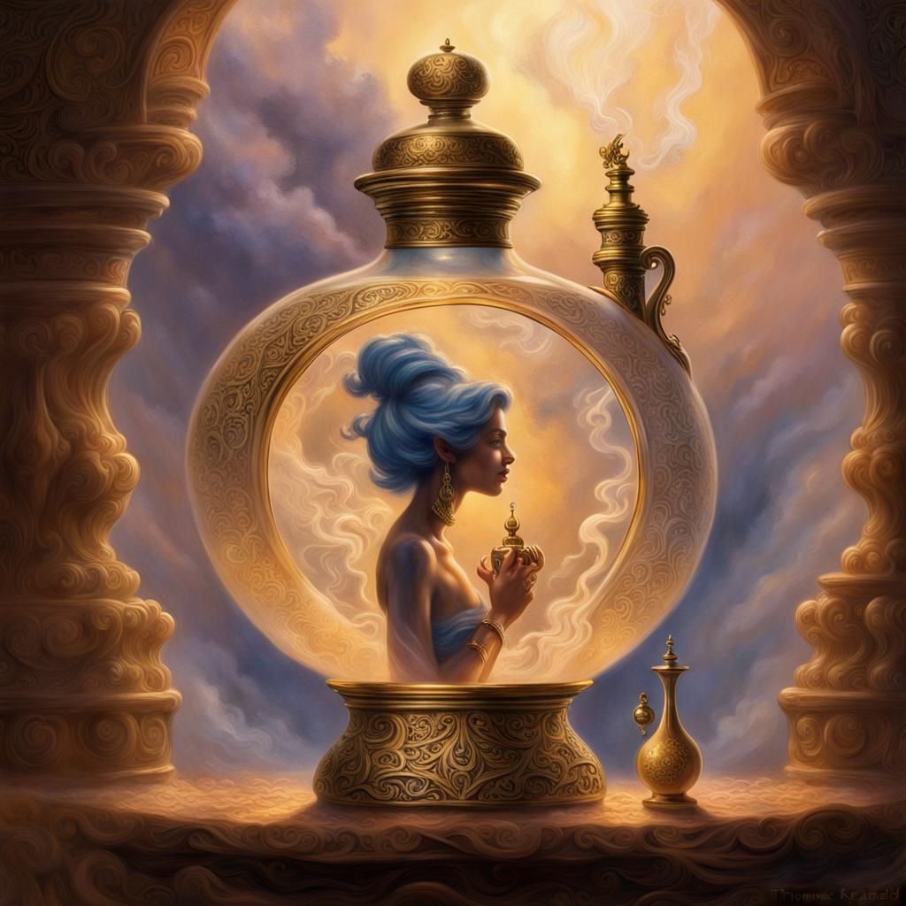 Genie Emerges from Perfume Bottle: Ethereal Fantasy