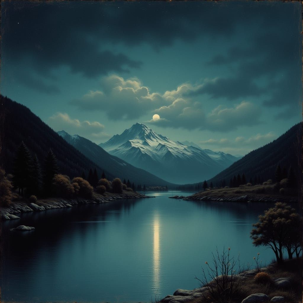 Moonlit Mountain River with Fog in Romantic Style