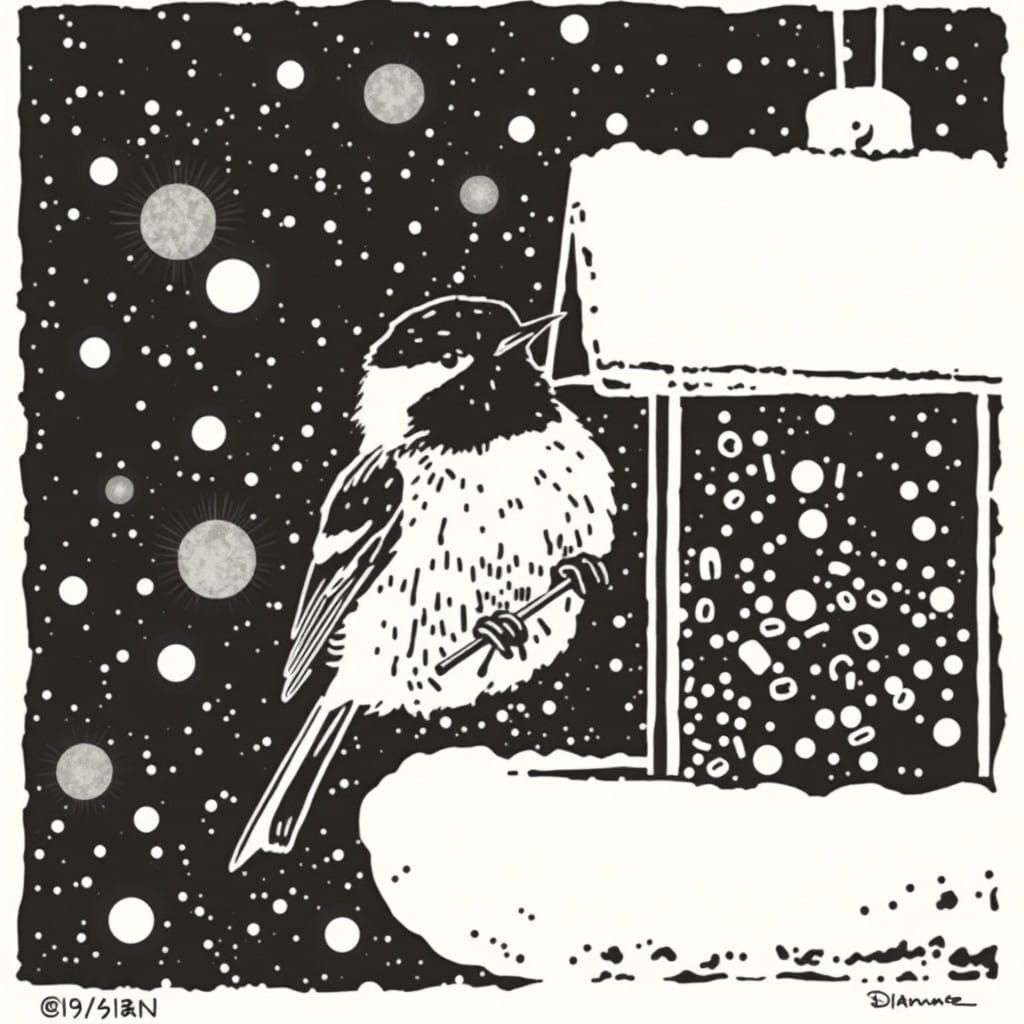 Wintery Woodcut of Black Capped Chickadee in Snowy Condition...