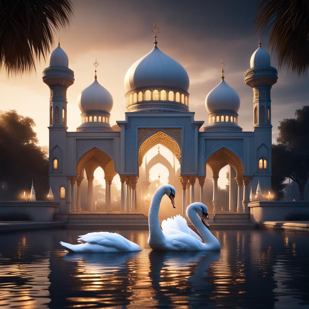 Hyperrealistic Swans and Mosque at Night