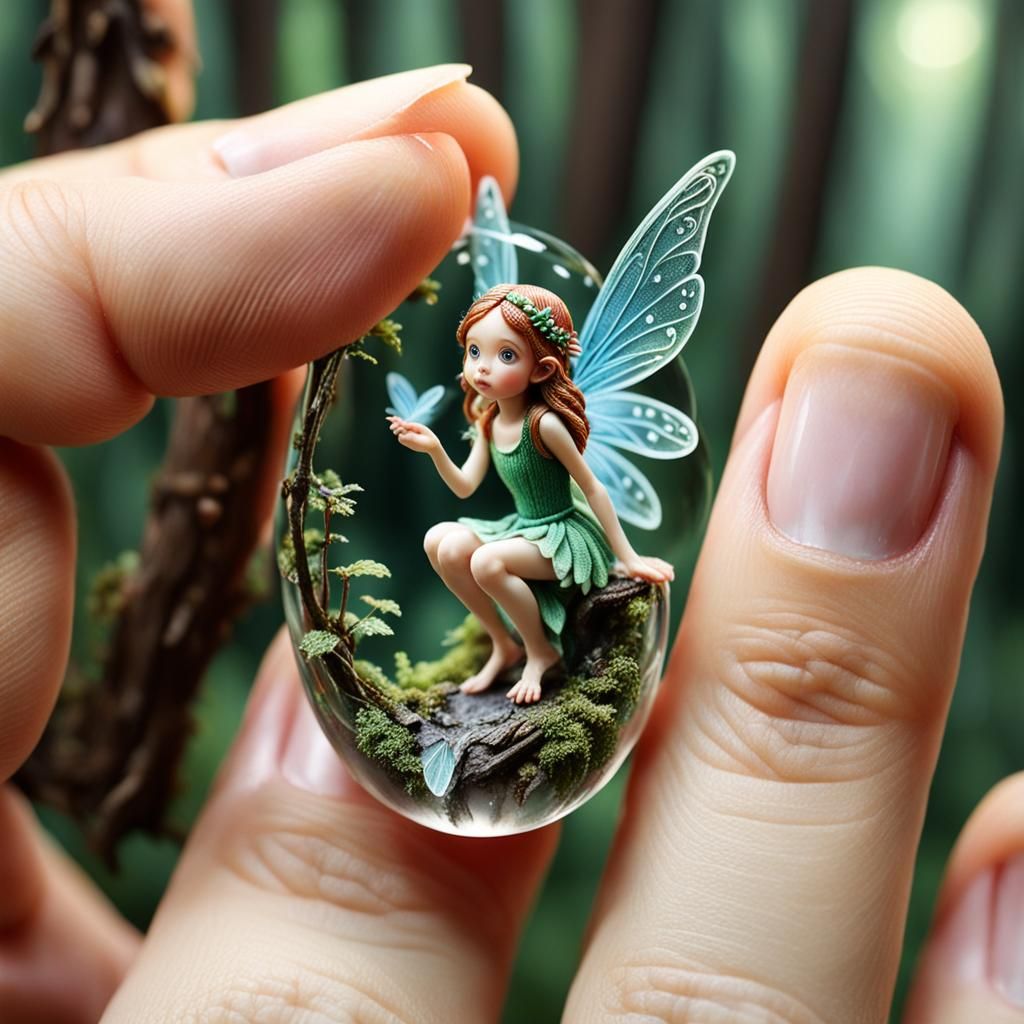 Hyperrealistic Miniature Fairy on Human Finger in Forest