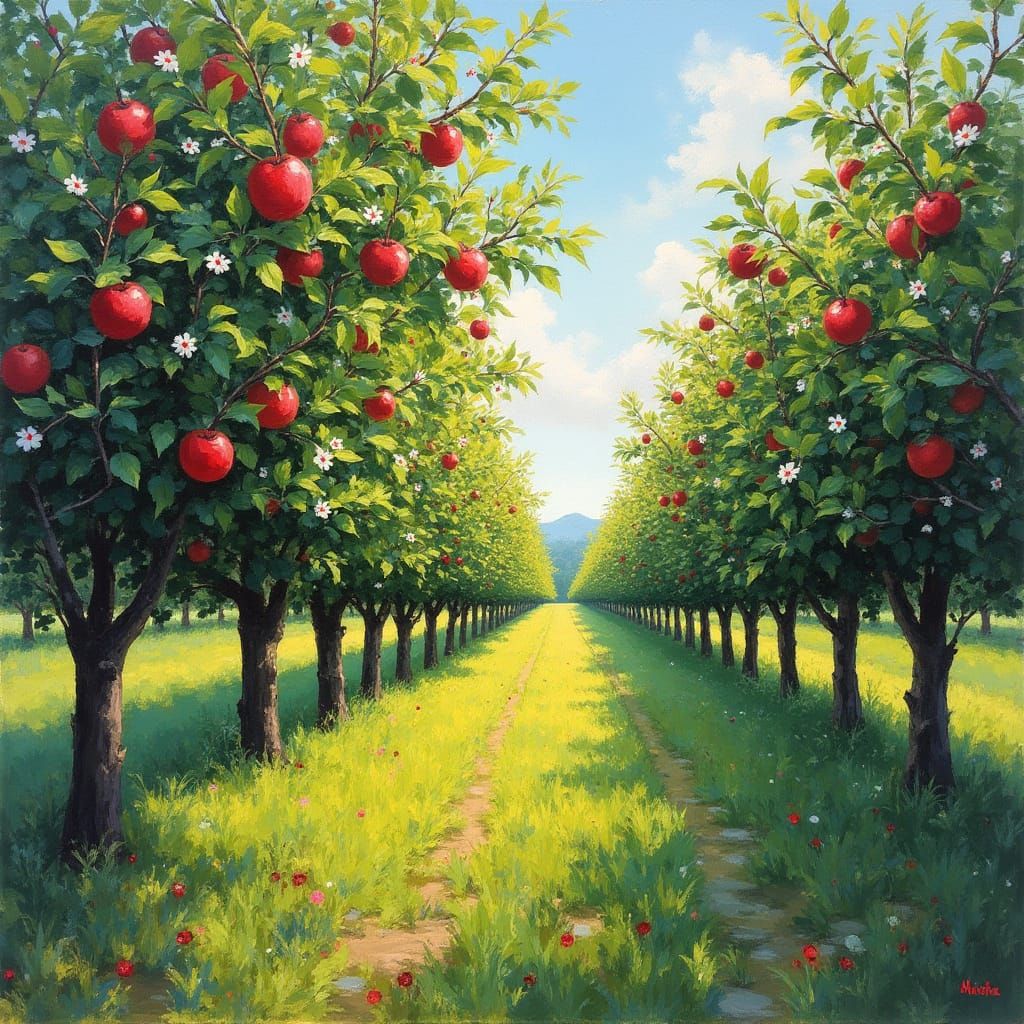 Vibrant Apple Orchard in Impressionistic Style