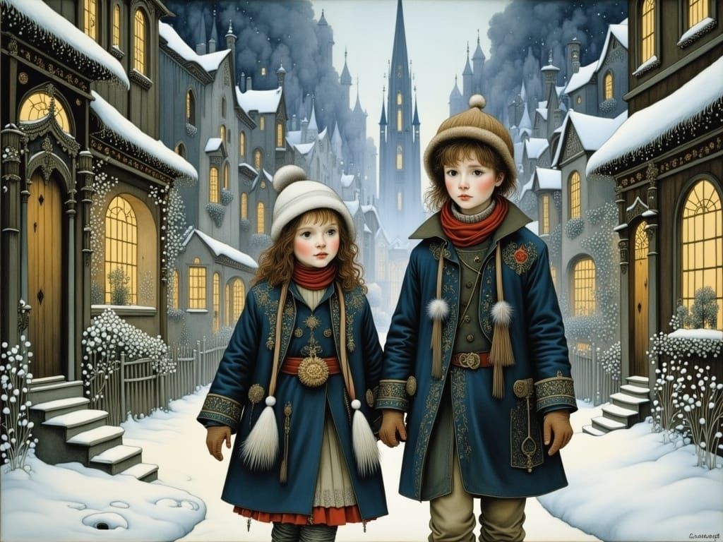 Christmas Street Scene in Art Nouveau Style