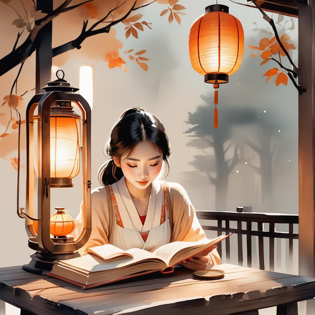 Girl Reading Book: East Asian Watercolor Illustration