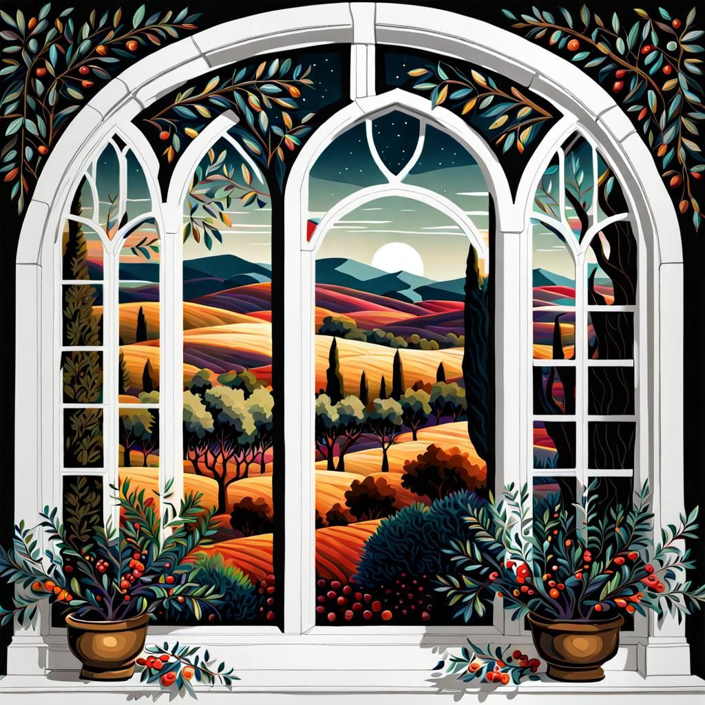 Arched Windows Overlooking Olive Trees in Folk Art Style