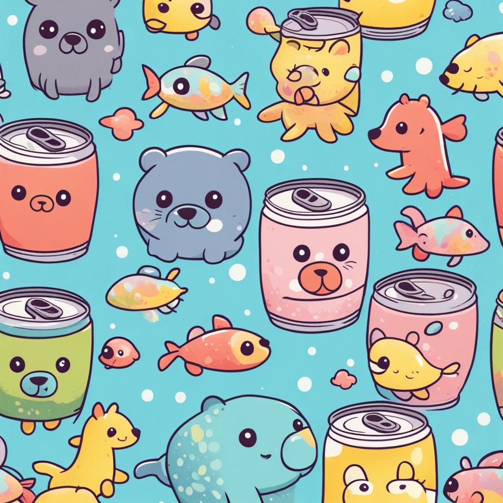 Animals Swimming in Soda Can: Cute Pastel Cartoon