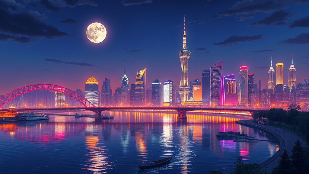 Glowing Riverside Skyline in 3D Anime Style
